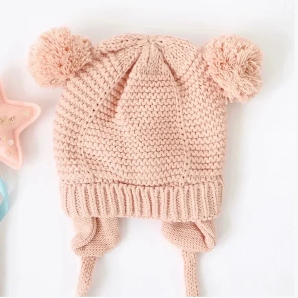 (NWT) Pink Baby Pom-Pom Knit Beanie Winter Hat w/ Earflaps & Tie | 0-1 Years Old - Picture 1 of 6